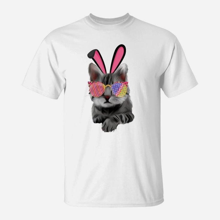 Bunny Cat With Glasses Eggs For Easter Day Cat Kitty Lovers T-Shirt
