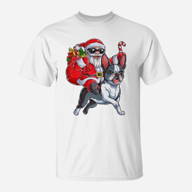 Christmas Santa Claus Riding Boston Terrier Xmas Boys Dog T-Shirt