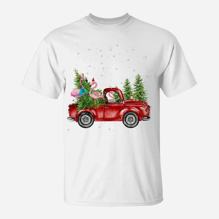 Christmas Three Flamingo Ride Red Truck Xmas Santa Hat T-Shirt
