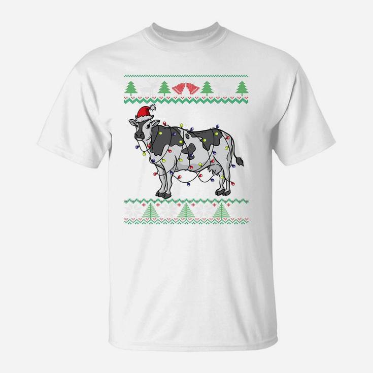 Cow Santa Claus & Lights Funny Dairy Farmer Ugly Christmas Sweatshirt T-Shirt