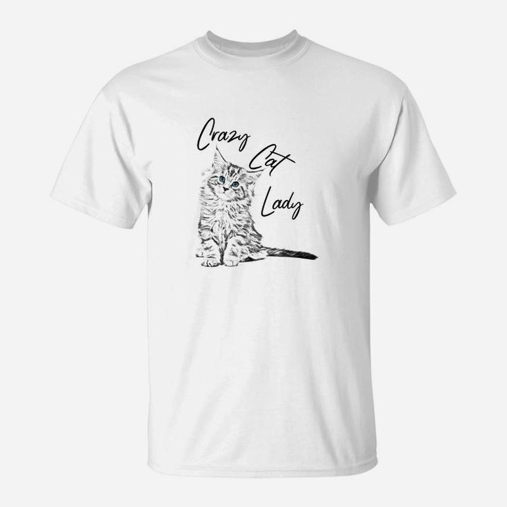 Crazy Cat Lady T-Shirt in Weiß, Lustiges Katzenliebhaber Tee