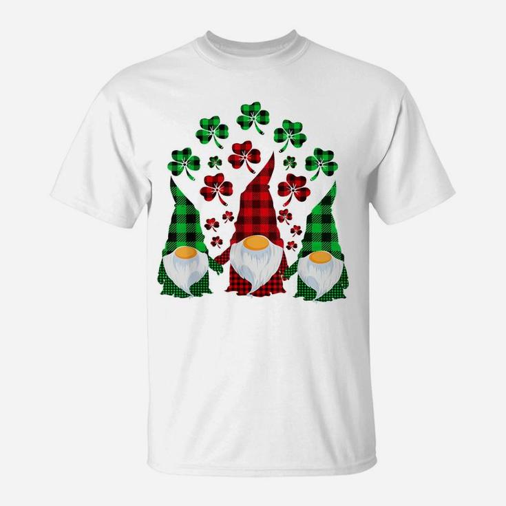 Cute Three Gnomes Shamrocks Buffalo Plaid Saint Patrick Day T-Shirt