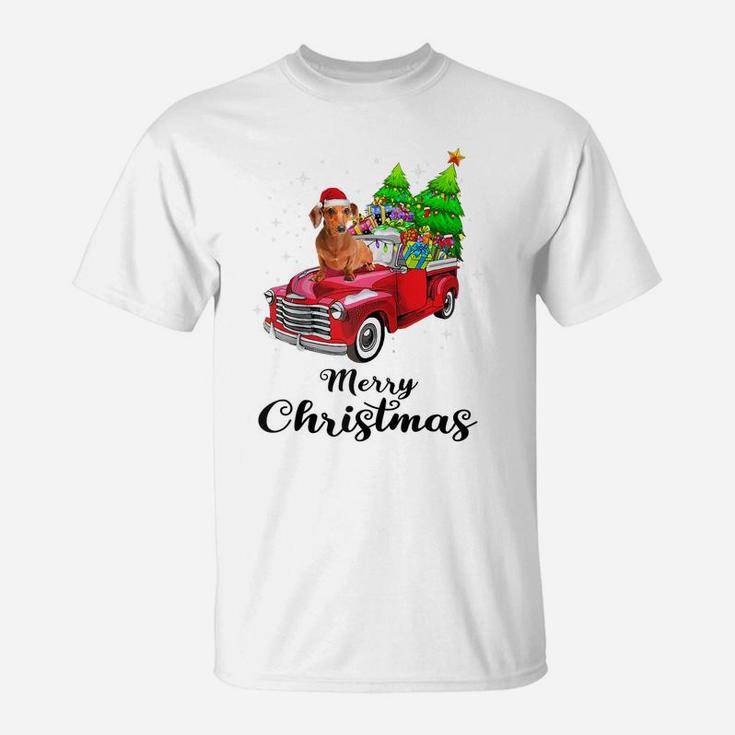 Dachshund Ride Red Truck Christmas Pajama Raglan Baseball Tee T-Shirt