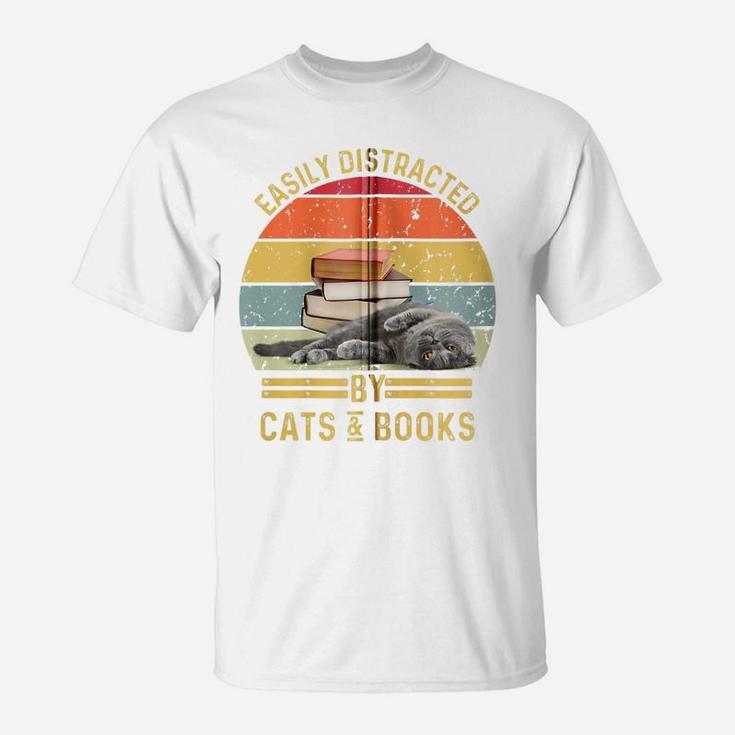 Easily Distracted By Cats And Books Funny Cat And Book Lover Zip Hoodie T-Shirt