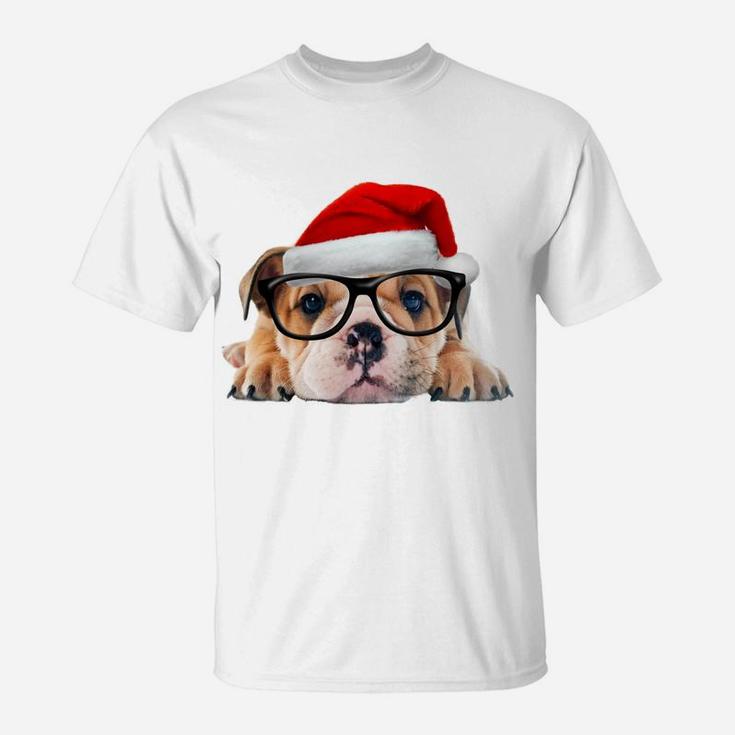 English Bulldog Puppy Glasses Dog Santa Hat Christmas Gift Sweatshirt T-Shirt