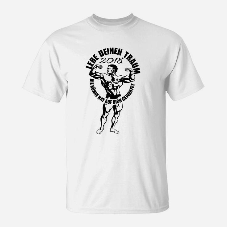 Fitness T-Shirt für Herren, Motivationsslogan & Bodybuilder Grafik, Weiß 2016