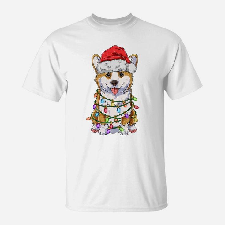 Funny Corgi Christmas Tree Lights Gift Santa Hat Dog Lover Sweatshirt T-Shirt