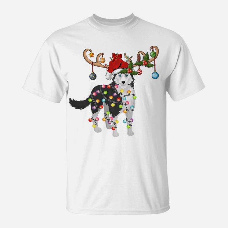 Funny Lighting Santa Hat Reindeer Siberian Husky Christmas Sweatshirt T-Shirt