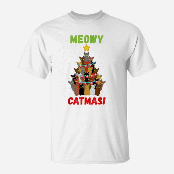 Funny Meowy Cats Christmas Tree Xmas Lights Boys Girls Kids T-Shirt