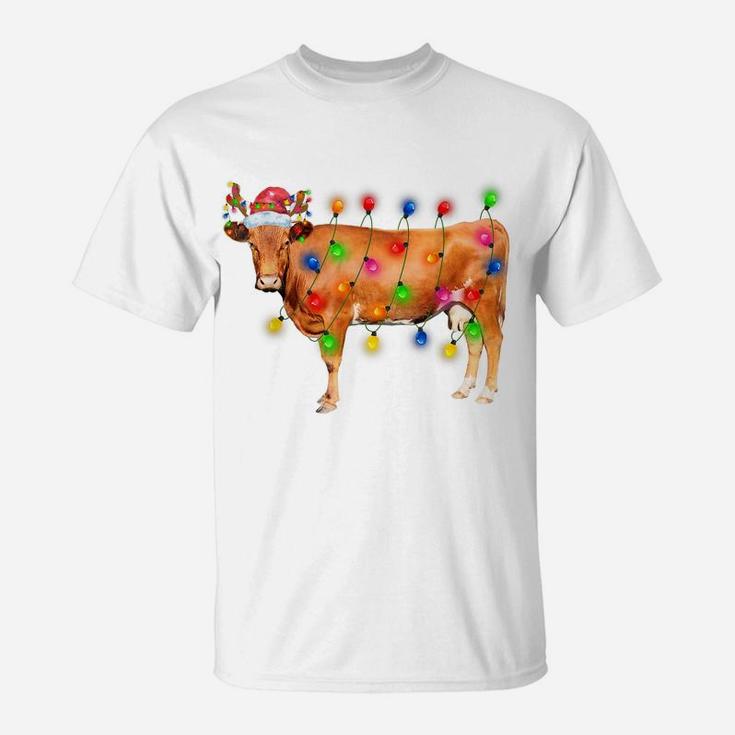Heifer Cow Christmas Lights Funny Santa Hat Merry Christmas T-Shirt