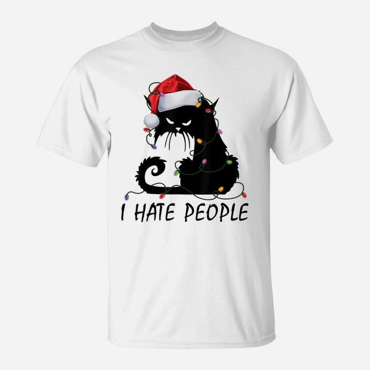 I Hate People Black Cat Santa Hat Christmas Light Xmas Gifts T-Shirt