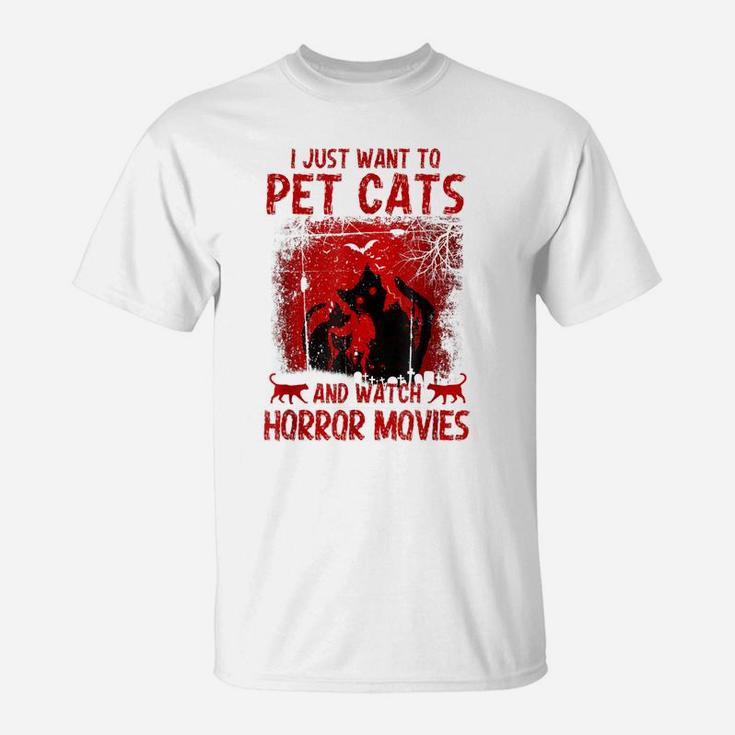 I Just Want To Pet Cats And Watch Horror Movies Retro Style T-Shirt