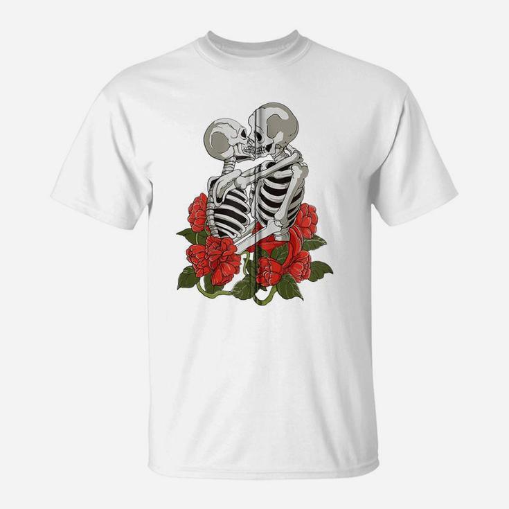 Kissing Skulls Skeletons Red Roses Flowers Death Goth Zip Hoodie T-Shirt
