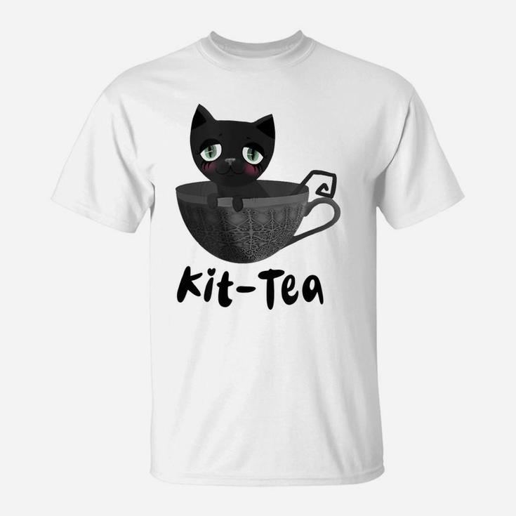 Kit-Tea Kitty Lovers Funny Black Cat Dark Grey Teacup Cute T-Shirt