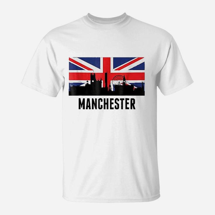 Manchester England Cityscape Skyline British Flag T-Shirt