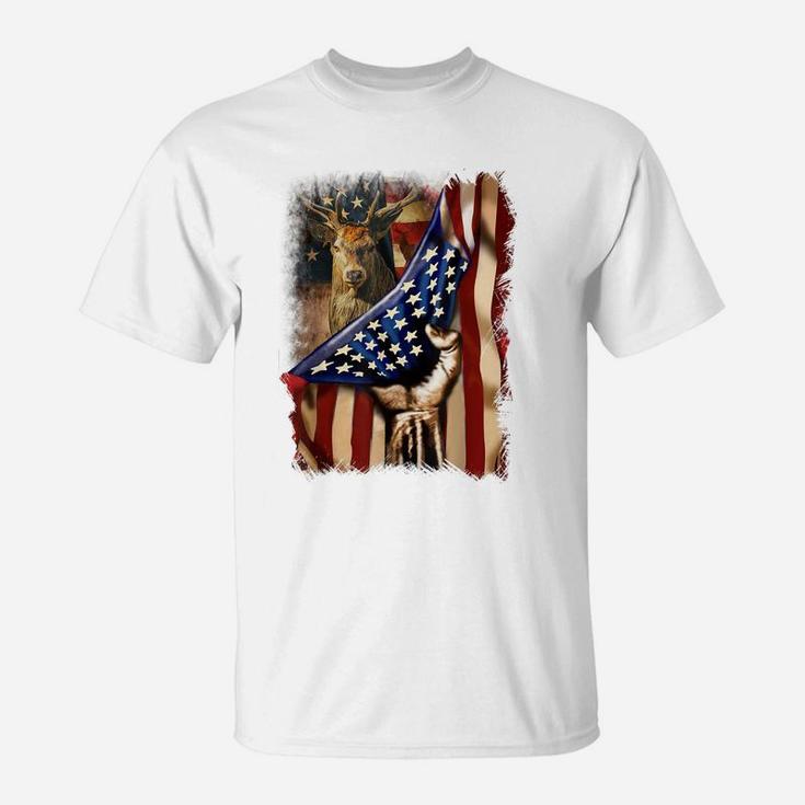 Mens Deer Hunting Father's Day American Flag Hunters 4Th Of July T-Shirt