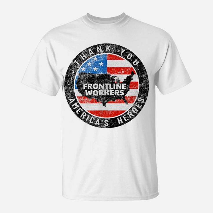 Printed 2 Sides Retro Thank You Frontline Workers Us Flag T-Shirt