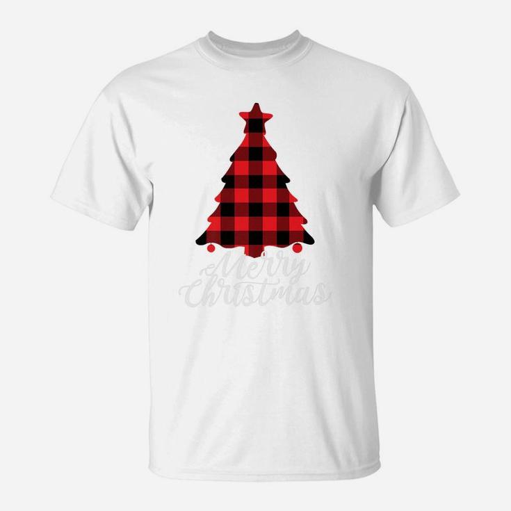 Red Buffalo Check Plaid Merry Christmas Tree Holiday Gift T-Shirt