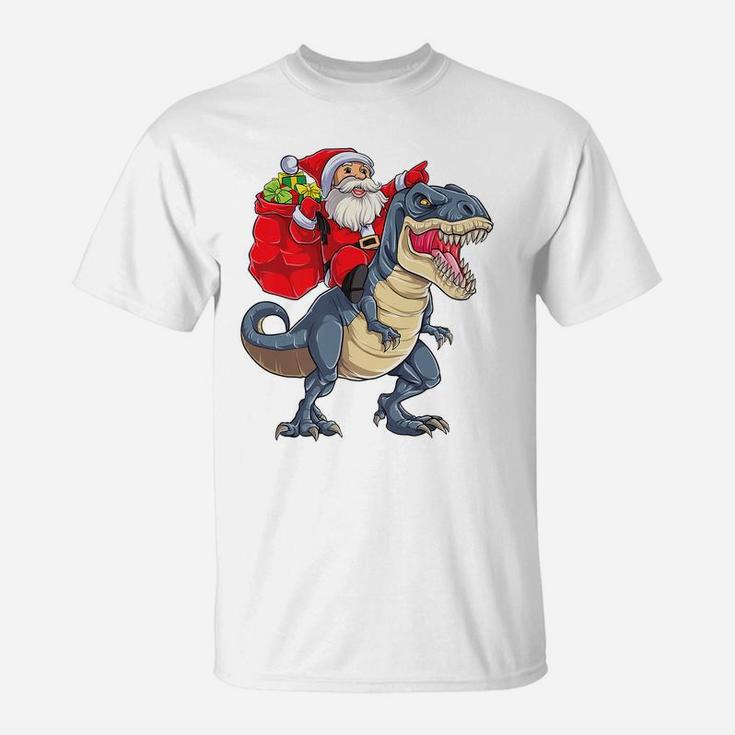 Santa Riding Dinosaur T Rex Christmas Gifts Boys Men Xmas T-Shirt