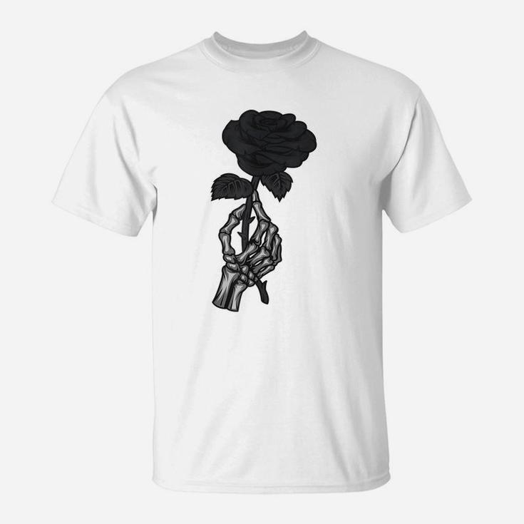 Skeleton Hand Aesthetic Streetwear Goth Black Rose Flower T-Shirt