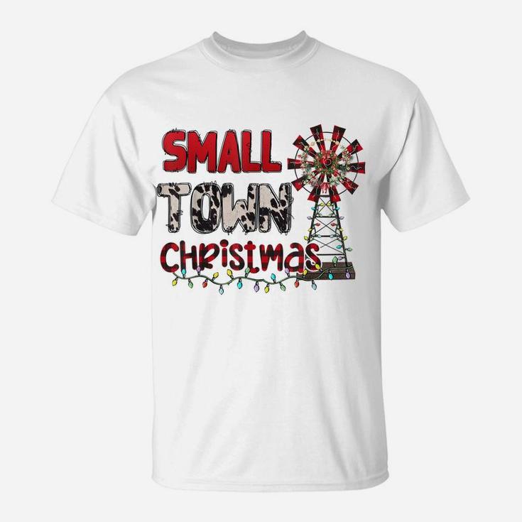 Small Town Christmas Windmill Red Plaid Cowhide Xmas T-Shirt