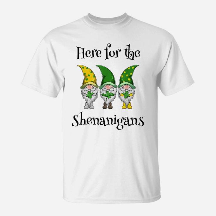 St Patricks Day Here For The Shenanigans Gnome Shamrock Gift T-Shirt