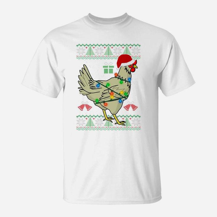 Ugly Christmas Chicken Sweater | Santa Hat Lights Gift T-Shirt