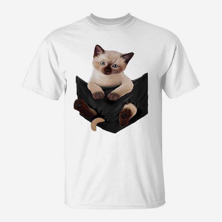 Womens Cat Lovers Gifts Siamese In Pocket Funny Kitten Face T-Shirt