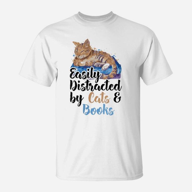 Womens Easily Distracted By Cats And Books For Cat Lovers T-Shirt