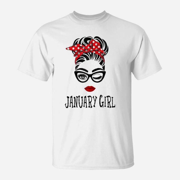 Womens January Girl Wink Eye Woman Face Wink Eyes Lady Birthday T-Shirt