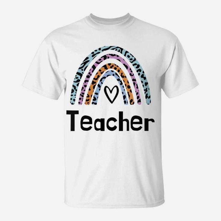 Womens Leopard Boho Rainbow Teacher Love Women T-Shirt