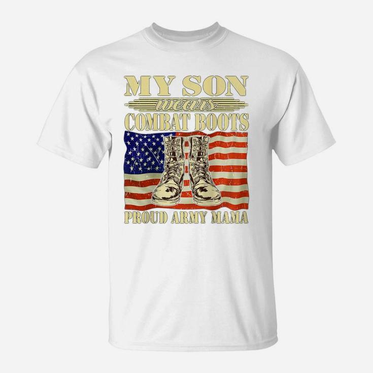 Womens My Son Wears Combat Boots Proud Army Mama Military Mom Gift Raglan Baseball Tee T-Shirt