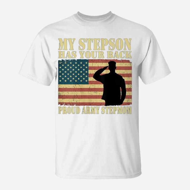Womens My Stepson Has Your Back - Proud Army Stepmom Military Mom T-Shirt