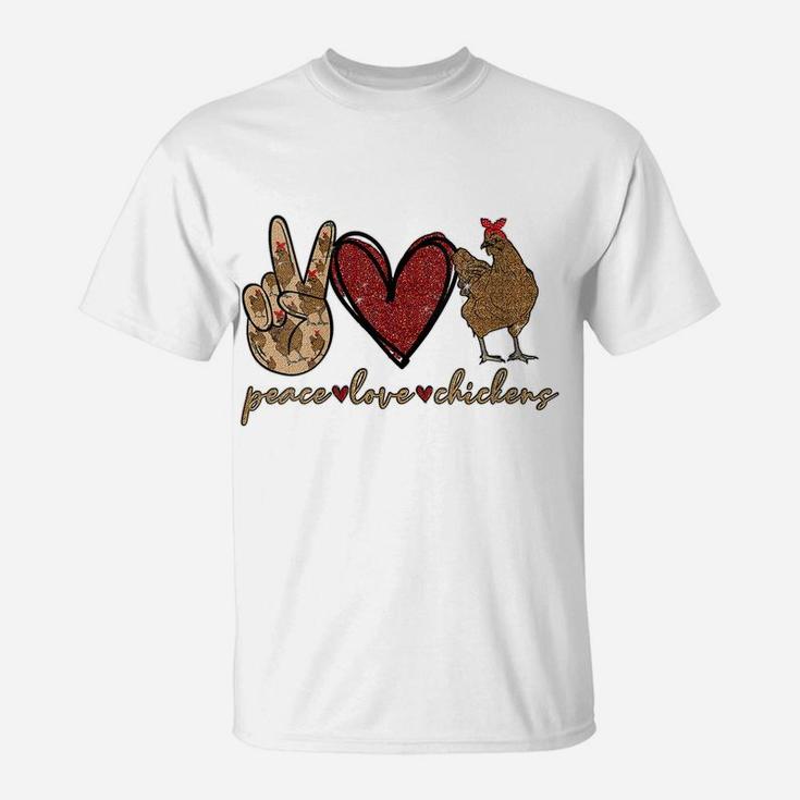Womens Peace Love Chicken Gold Glitter For Chicken Lover Farmer T-Shirt