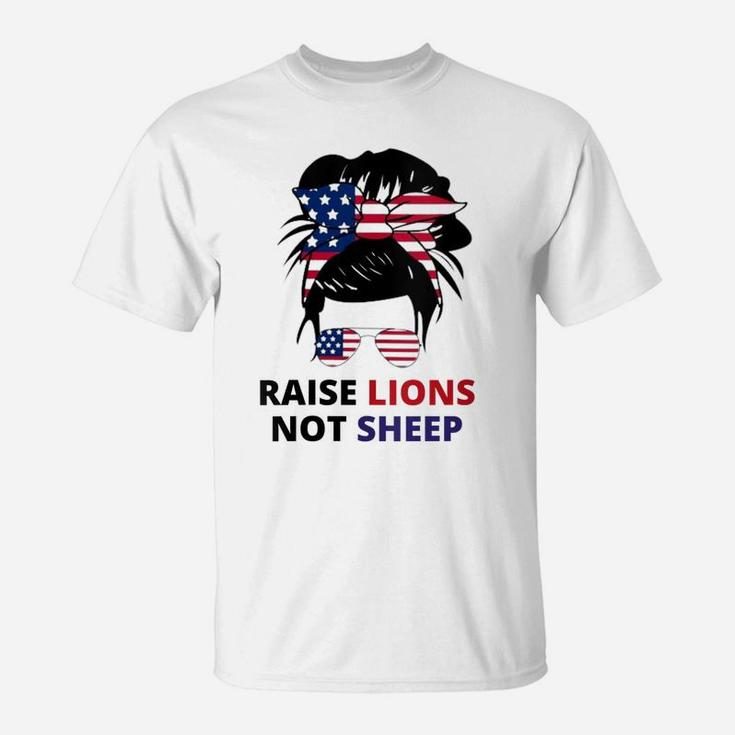 Womens Raise Lions Not Sheep American Flag Sunglasses Messy Bun T-Shirt