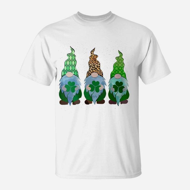 Womens Three Gnomes Shamrocks Buffalo Plaid Leopard St Patrick Day T-Shirt