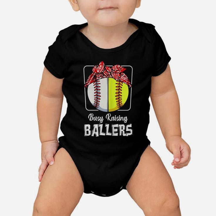 Womens Busy Raising Ballers Softball Funny Baseball Mom Sport Baby Onesie