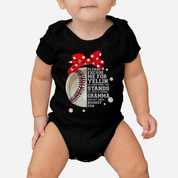 Womens Just Proud Gramma And My Son Biggest Fan Baseball Mom Baby Onesie