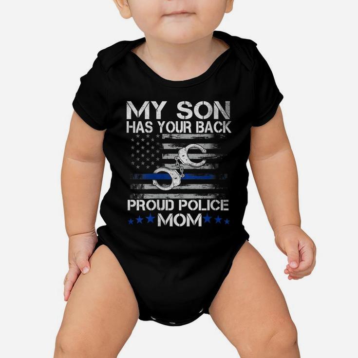 Womens My Son Has Your Back Proud Police Mom Shirt Thin Blue Line Baby Onesie
