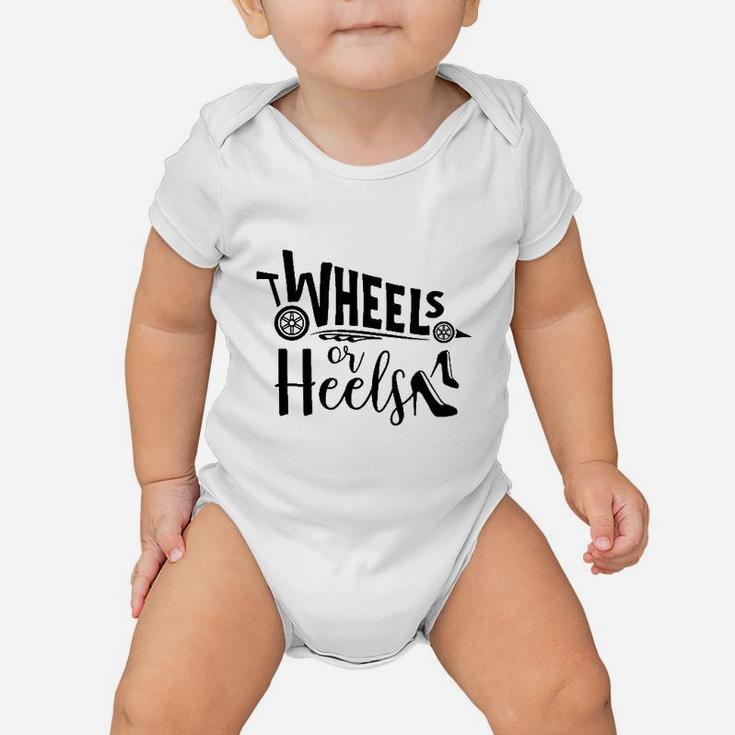 Heels Or Wheels Gender Reveal For Mom Dad Party Shower Baby Onesie