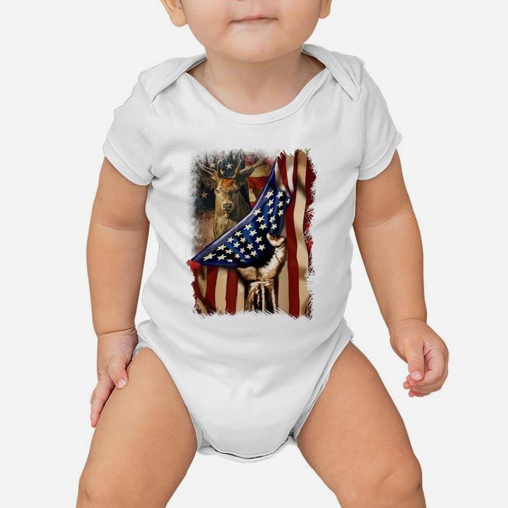 Mens Deer Hunting Father's Day American Flag Hunters 4Th Of July Baby Onesie