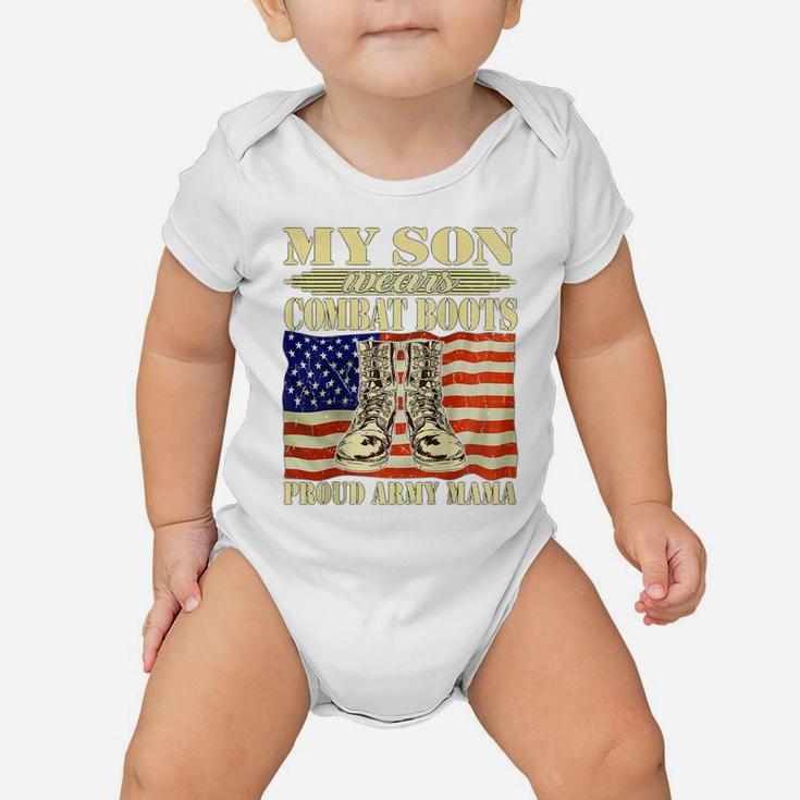 Womens My Son Wears Combat Boots Proud Army Mama Military Mom Gift Raglan Baseball Tee Baby Onesie