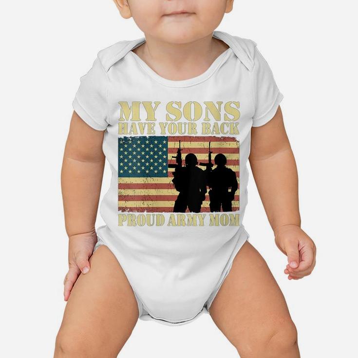 Womens My Two Sons Have Your Back Proud Army Mom Military Mother Baby Onesie