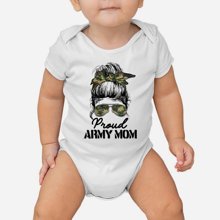 Womens Proud Army Mom Camouflage Messy Bun Soldier Mother's Day Baby Onesie
